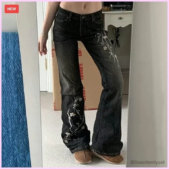 Stretchy Flare Jeans Mid Rise Embroidery Vintage Denim Y2K Retro - Picture 5 of 8